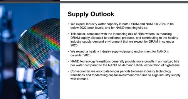 The image shows Micron Management's opinion of the supply environment in memory chips.