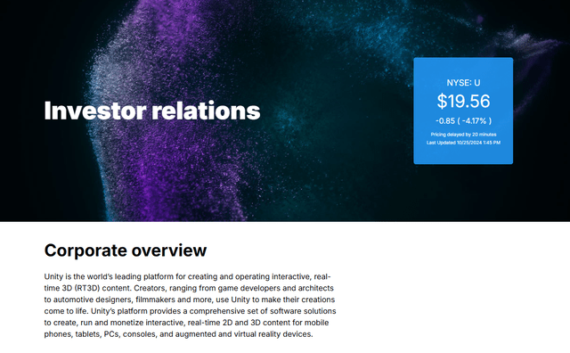 Unity's Website: Investor relations, Corporate overview.