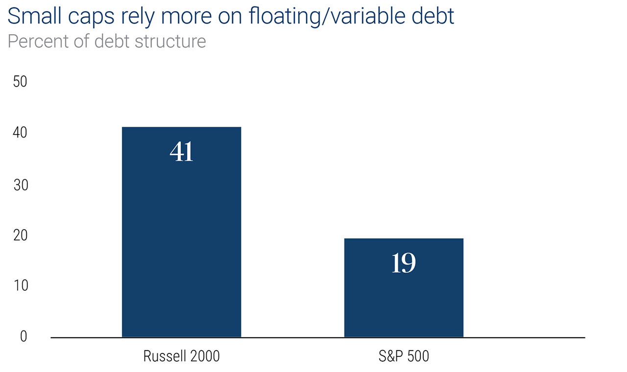 Chart showing that floating/variable debt represents 41% of the funding for Russell 2000 companies versus 19% for S&P 500 companies.