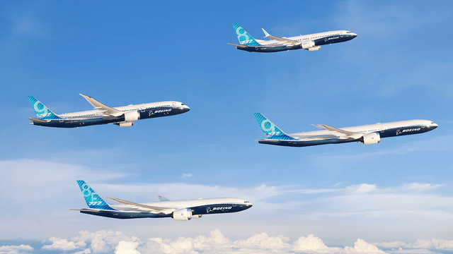 This image shows Boeing airplanes flying in the skies.