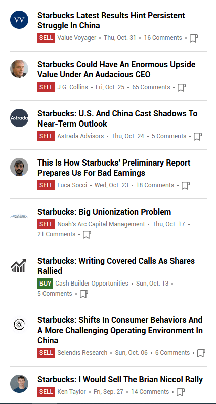 Seeking Alpha Starbucks stock sentiment