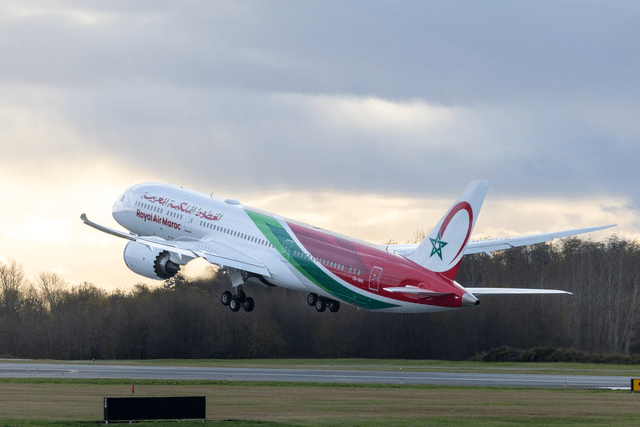 This image shows a Boeing 787 on its delivery flight for Royal Air Maroc.