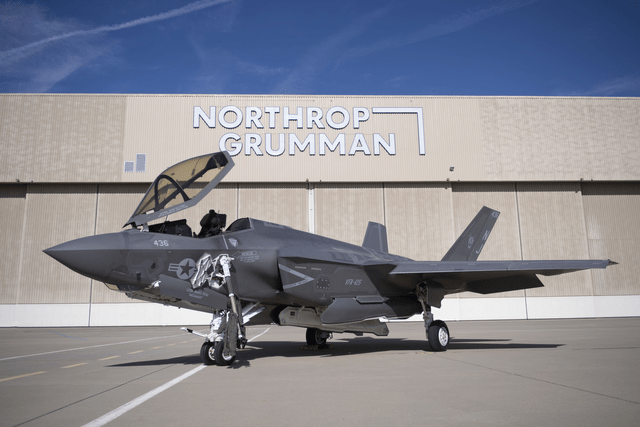 This image shows the F-35 in front of a Northrop Grumman hangar.