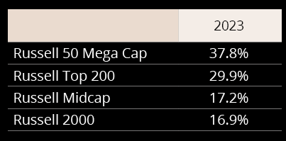 total returns for the year, from the largest market capitalization index to the smallest.