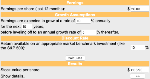 DCF calcualtion using a simple DCF calculator using my aforementioned assumptions