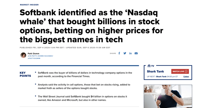 Snapshot of CNBC article that revealed Softbank as the whale that was buying call options in 2020.