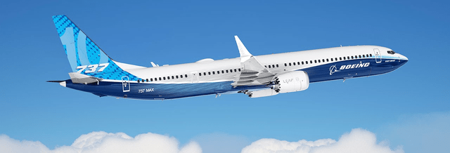 This image show an Boeing 737 MAX airplane with a blue background and light clouds