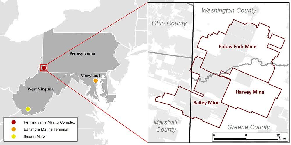 The Pennsylvania Mining Complex, located in Greene and Washington counties, is the largest underground coal mine complex in North America.  It consists of the Bailey, Enlow Fork and Harvey mines along with a central staging plant and train loading facilities.  It is one of the smartest and most productive complexes in the world.