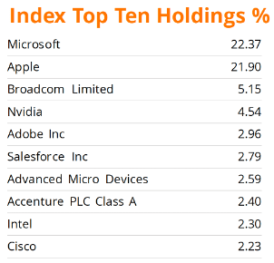 Table outlining the top 10 holdings of the Technology Select Sector Index, the index which TECL aims to generate 3x daily returns of.