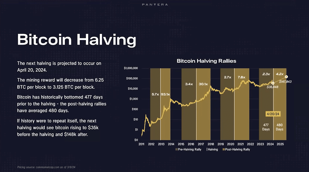 Bitcoin Halving, as of March 9th, 2024. Source: Pantera Capital. March 24th, 2024, Bitcoin - Potential correction despite ETFs and Halving