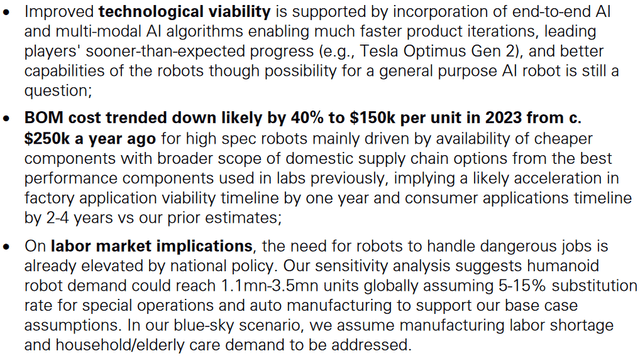 Adoption of more expensive humanoid robots (than standard factory robots) appears to be a key risk