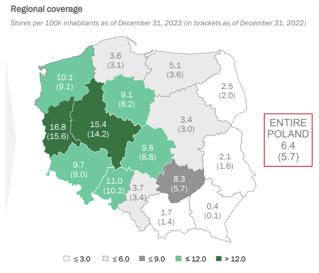 Dino Polska stores per 100k inhabitants as of 31.12.2023