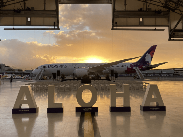 This image shows the first Boeing 787-9 airplane for Hawaiian Airlines.