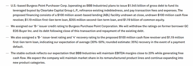Screenshot of Summary of S&P Global Debt Rating for BBB Industries Debt Issuance