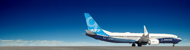 This image shows a Boeing 737 MAX 9 airplane with blue skies in the background.