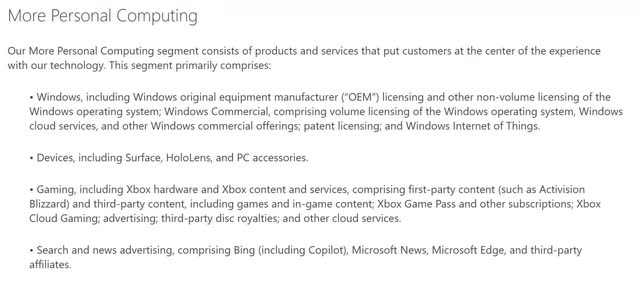 The image shows Microsoft's components to its More Personal Computing segment.