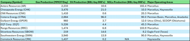 A table showing 9 gas-producing shale companies and CRK with basic operating data for each.