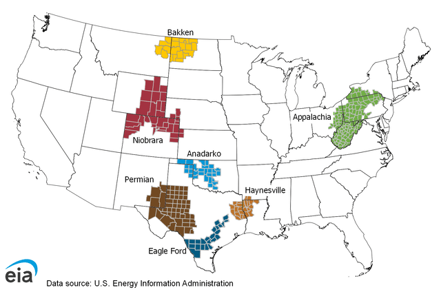A map of the US showing the location of major shale oil and natural gas fields