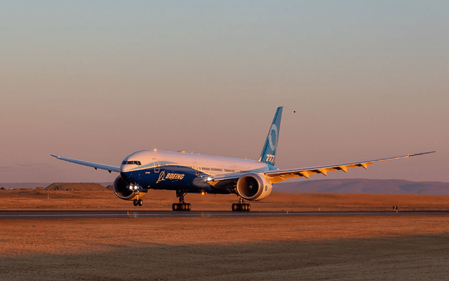 This image shows the Boeing 777X airplane landing after a test flight.