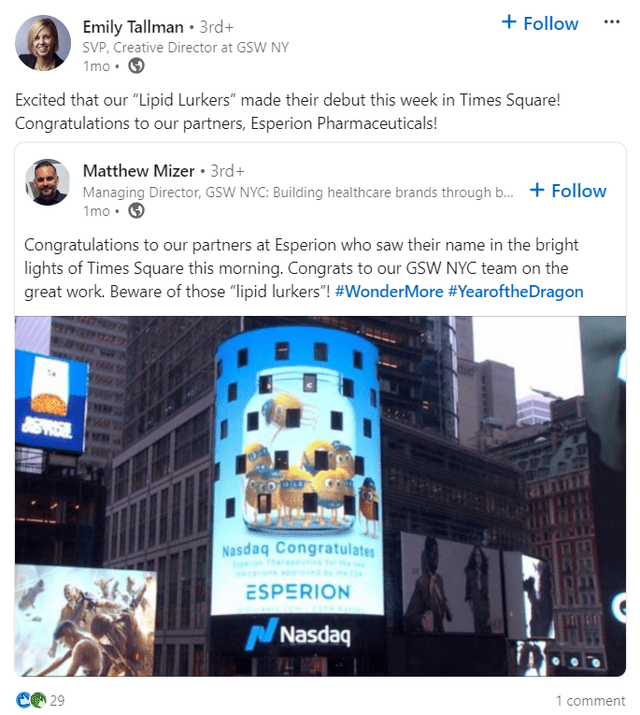 Esperion Therapeutics on display in Times Square with its lipid lurkers campaign.