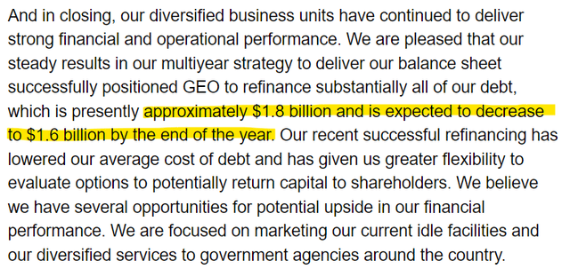 Geo Group Debt Reduction Guidance