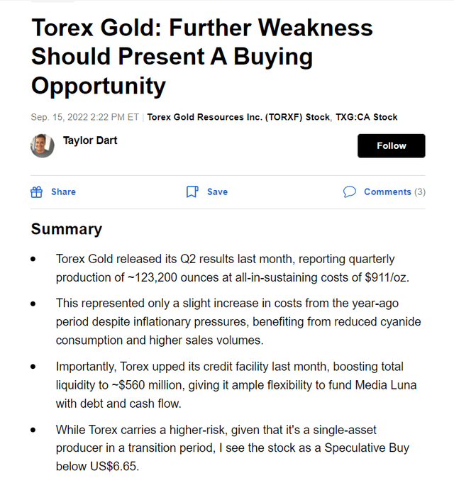 Torex Gold Speculative Buy Rating September 2022