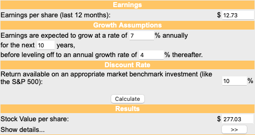 Screenshot from a simple DCF calculator using my aformentioned metrics