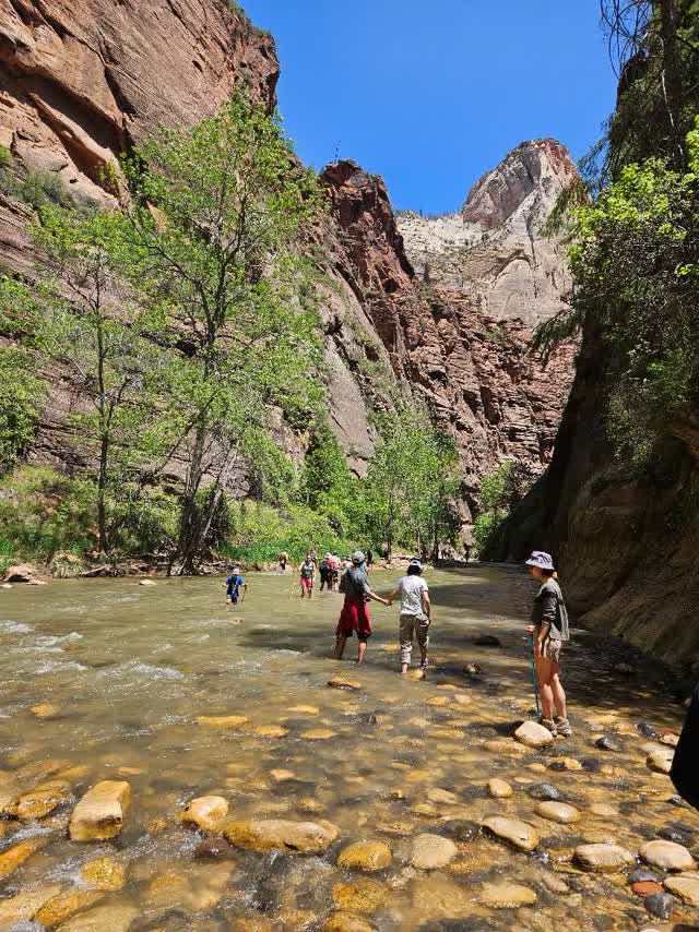 Auto-generated description of group of people standing in a river