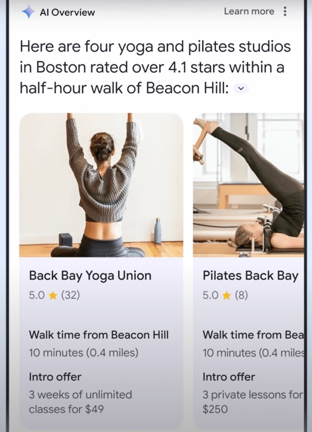 AI Overviews response example, incorporating data from Google Maps and business reviews
