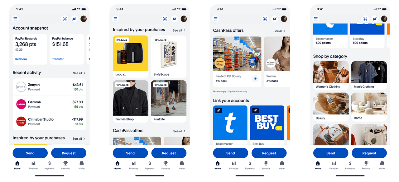 PayPal Cash Pass mobile screens