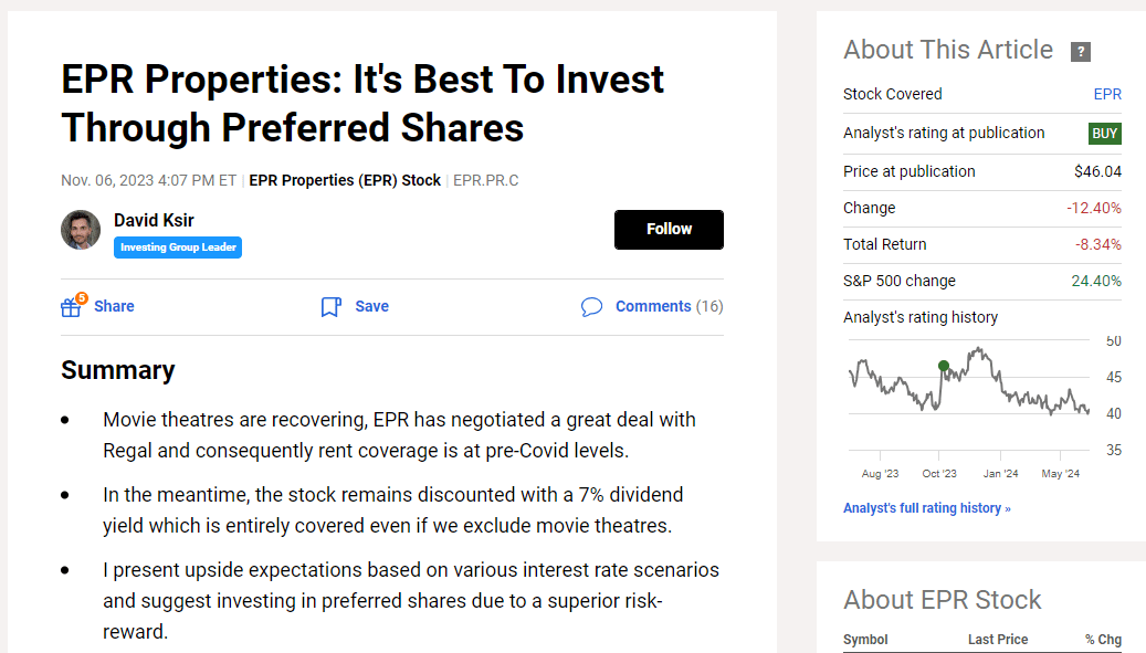 Epr properties high dividend yield and large margin of safety nyse