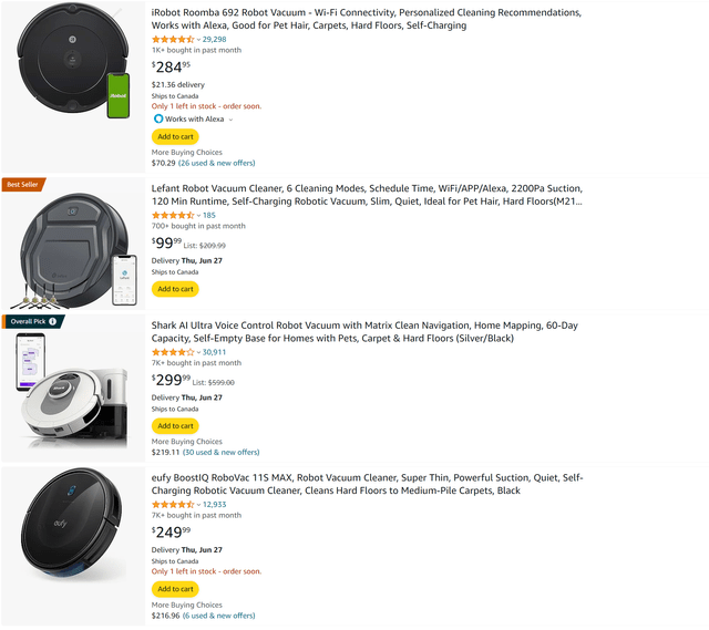 Search for robot vacuums on Amazon