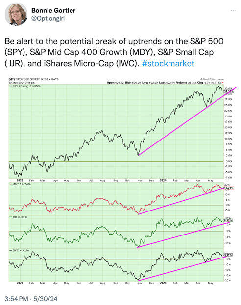 Chart showing trend lines on S&P 500, S&P Mid Cap 400 Growth, S&P Small Cap, and iShares Micro-Cap