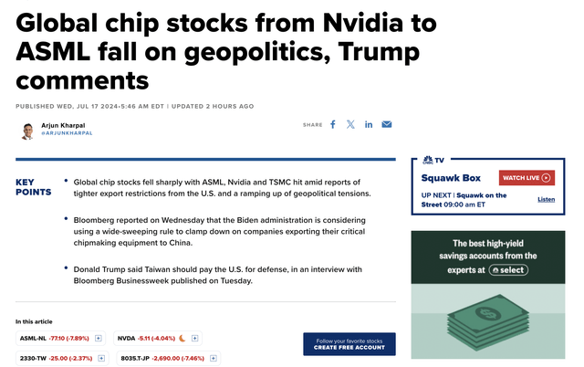 Snapshot of 7/17/2024 article that discusses semiconductor headwinds.