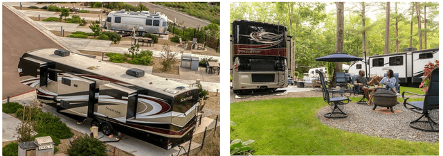 A collage of rvs parked in a backyard Description automatically generated