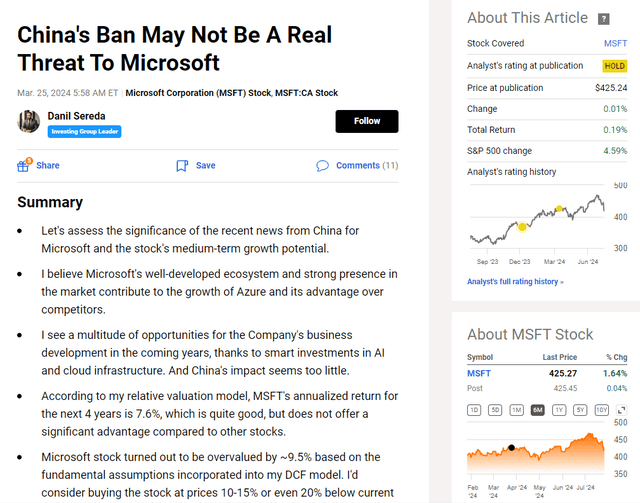 Seeking Alpha, my latest article on MSFT