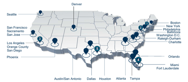 A map of the united states with cities Description automatically generated