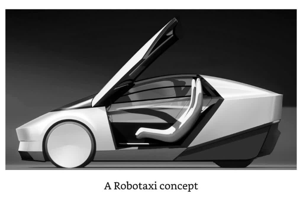 A conceptual view of two-seat autonomous Tesla Robotaxi vehicle