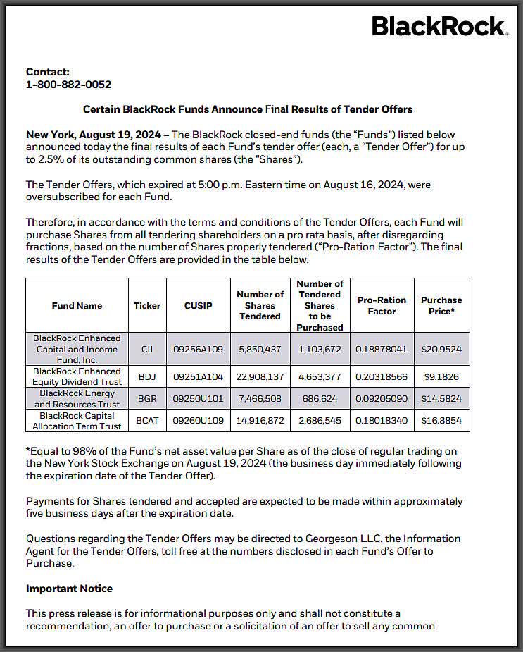 BlackRock Gives 1st Period Tender Offer Results (NYSE:CII 