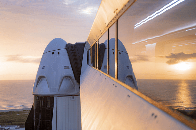 This image shows the SpaceX Crew Dragon Capsule on the launch pad.