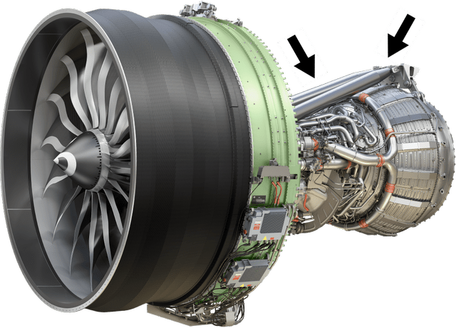 This image shows the thrust links on the GE9X turbofan.