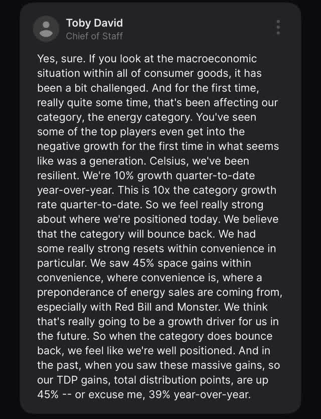 Celsius Quote From Barclays Conference Call