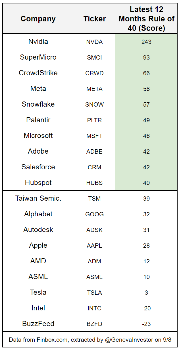 Selected Tech companies, sorted by 12 Months' Rule of 40