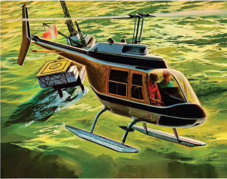 Illustration of a helicopter with floats landing on choppy green water near an offshore oil rig or platform.