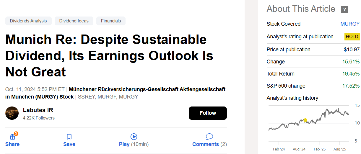 Munich Re Q3 Earnings Analysis I Don't Expect It To Outperform