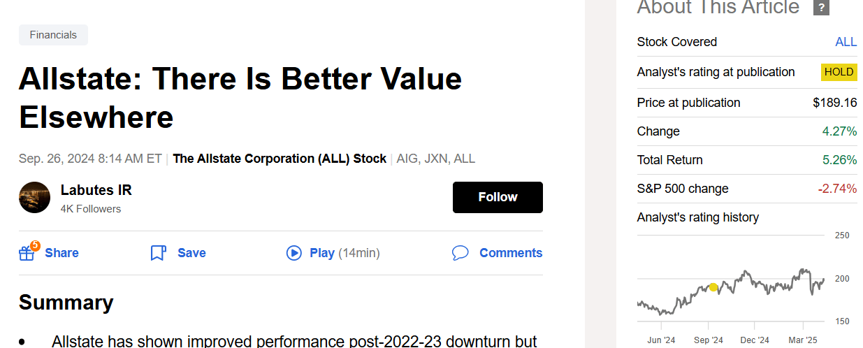 Allstate Q1 2025 Earnings Review: Premium Valuation Is Questionable