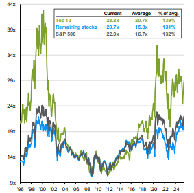 P/E of the top 10 and remaining stocks in the S&P 500