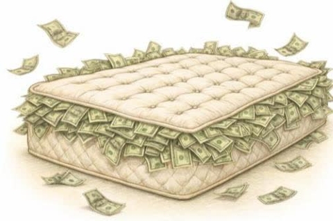 A mattress stuffed with US dollar bills, with more bills flying around it, symbolizing wealth or a financial cushion.