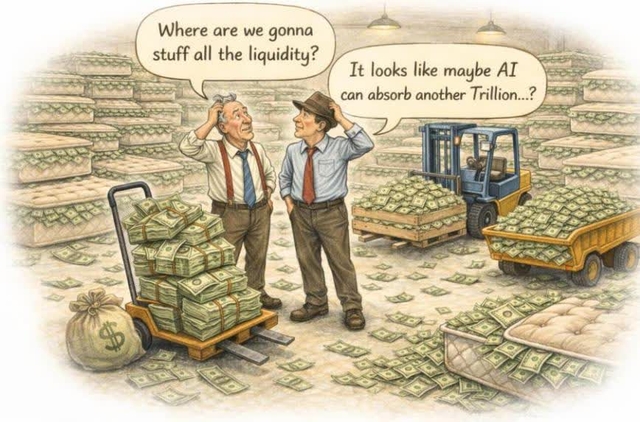 A cartoon illustration depicting a vast landscape filled with stacks of money and cash. Two men in business attire are standing in the center, looking stressed and scratching their heads. One man is pushing a handcart loaded with stacks of cash. In the background, a forklift is moving a large pallet of cash. Speech bubbles show one man asking 'Where are we gonna stuff all the liquidity?' and the other responding 'It looks like maybe AI can absorb another Trillion...?'