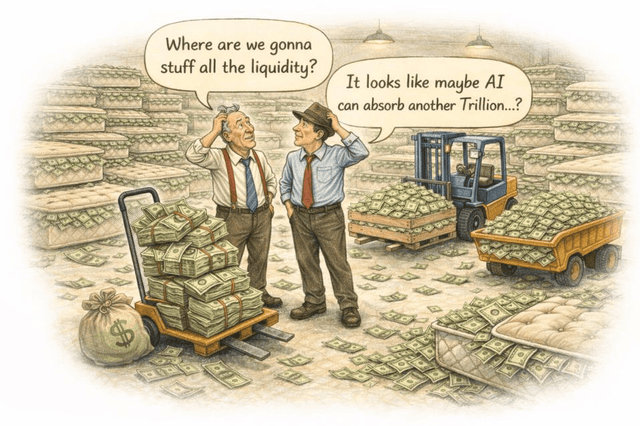 A cartoon illustration depicting a vast landscape filled with stacks of money and cash. Two men in business attire are standing in the center, looking stressed and scratching their heads. One man is pushing a handcart loaded with stacks of cash. In the background, a forklift is moving a large pallet of cash. Speech bubbles show one man asking 'Where are we gonna stuff all the liquidity?' and the other responding 'It looks like maybe AI can absorb another Trillion...?'